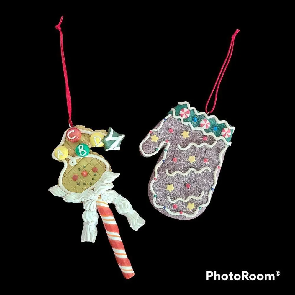 Vintage Mitten Gingerbread Cookie & Peppermint Stick Cookie Christmas Ornaments